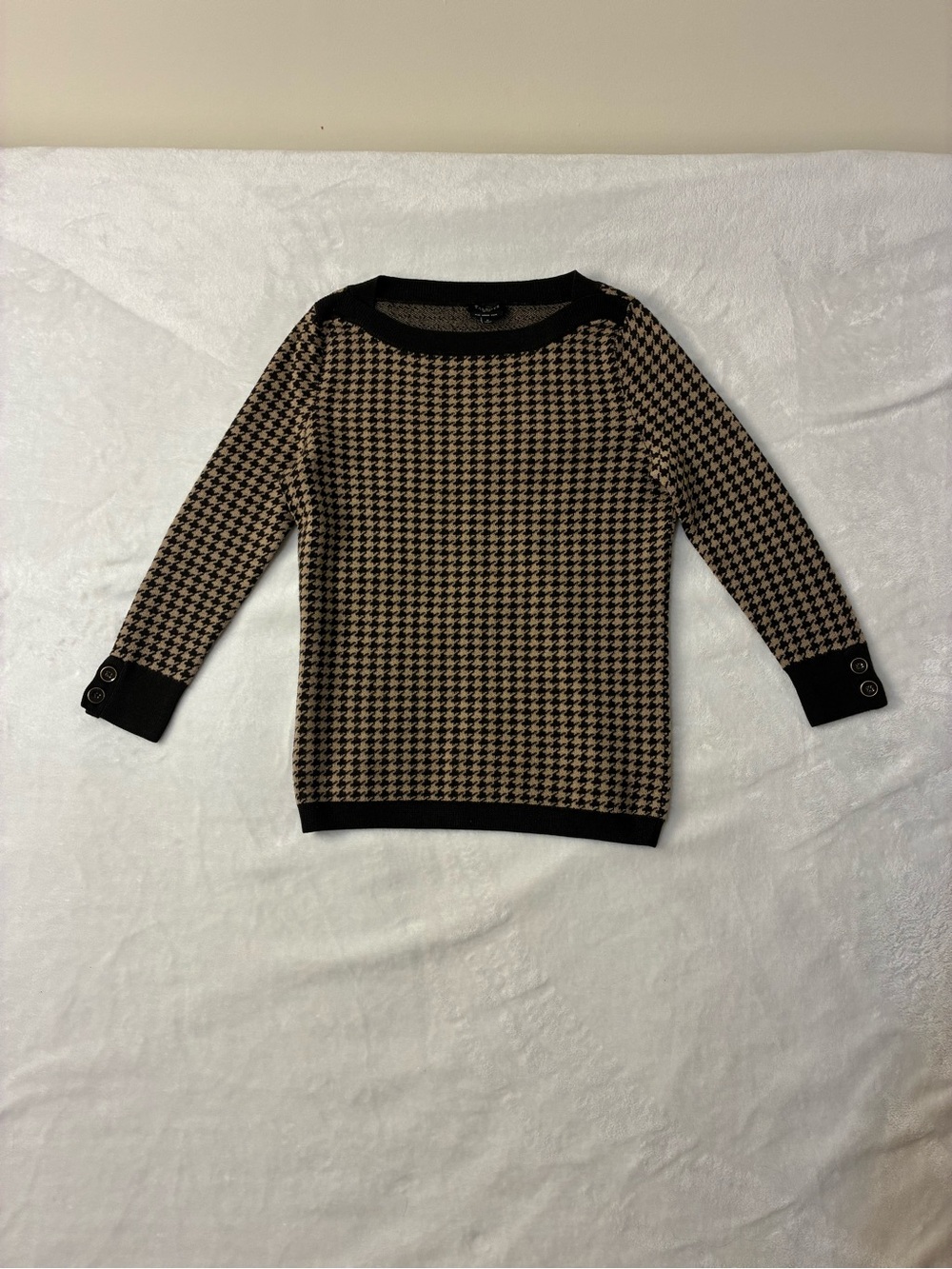 Talbots Black and Tan Houndstooth Crewneck Wool Sweater
